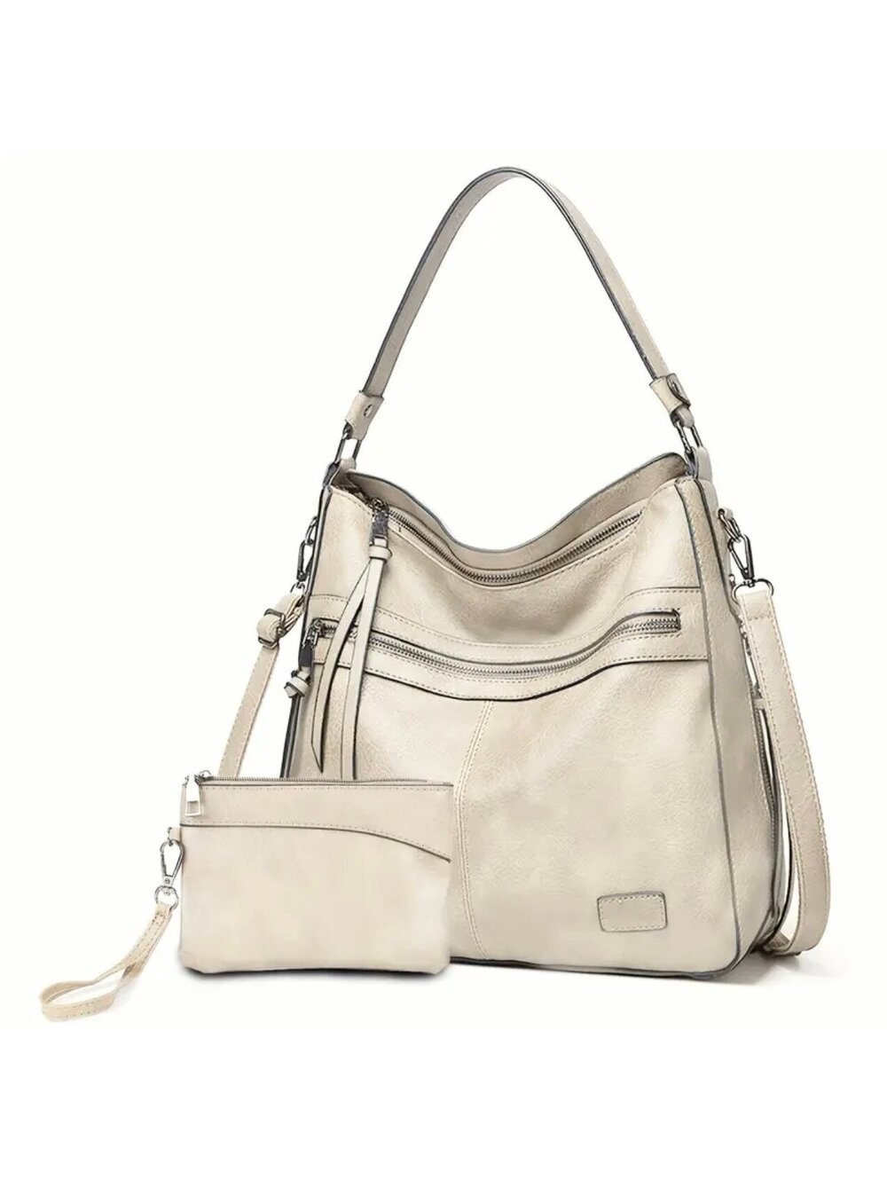 New - Trendy - Vintage Inspired - 2Pcs Faux Leather Shoulder Bag Set - Beige